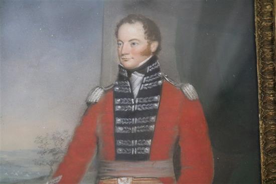 19th century English School, pastel portrait of an army officer, 24 x 21cm and a family coat of arms